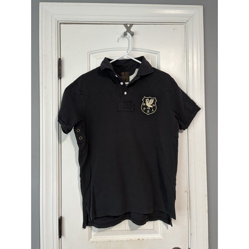 RARE Polo Ralph Lauren Patchwork #15 Polo Shirt Black‎ White Size L Vintage